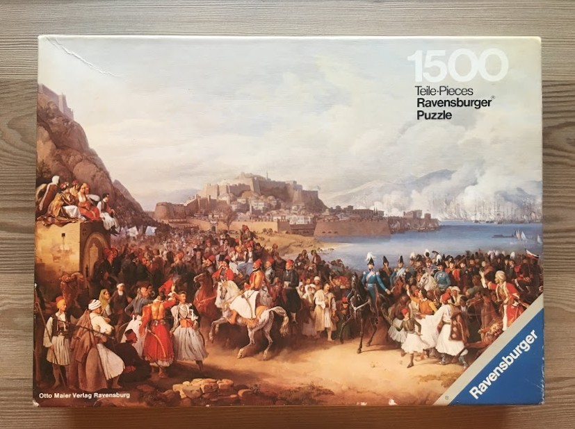 A 19th-century oil painting depicting a crowded Mediterranean harbor scene with soldiers and civilians.