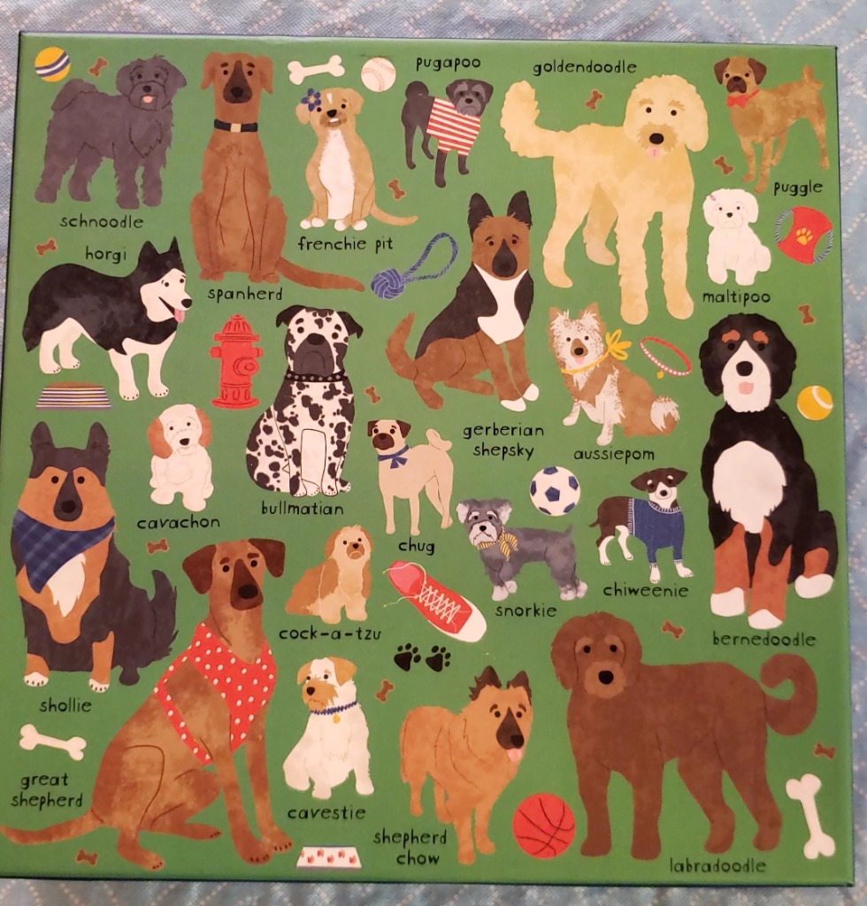 An illustration of various mixed-breed dog designer dogs on a green background.