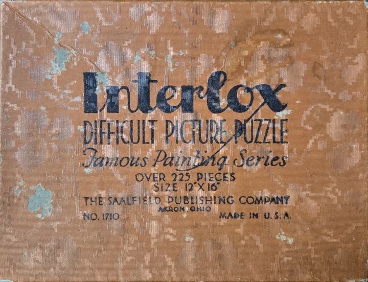 Vintage text-based cover for the Interlox Famous Painting Series puzzle.