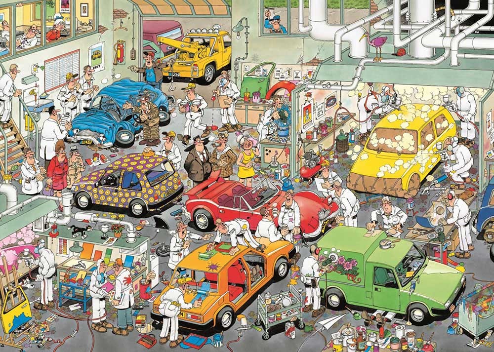 A bustling, chaotic automotive repair and paint workshop filled with technicians working on various colorful vehicles.