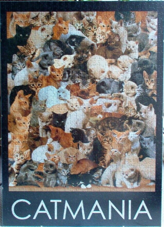 A dense collage of many different cats and kittens of various breeds and colours, captioned with the text CATMANIA.