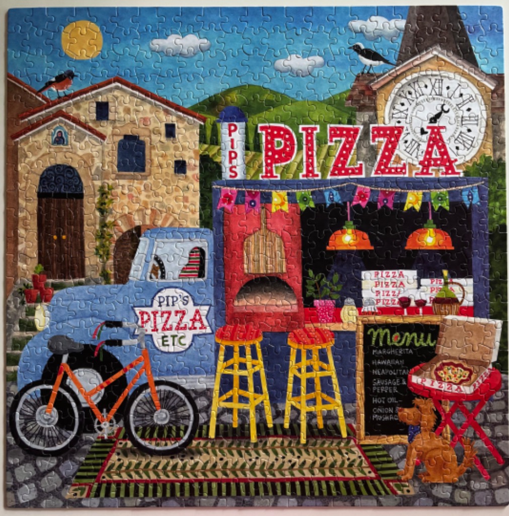 A whimsical illustration of a pizza food truck parked in a European-style town square with a dog and bicycle.