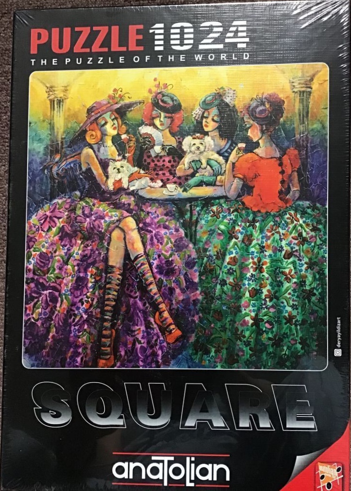 An expressionist painting of four fashionable women gathered around a small table with two small white dogs.