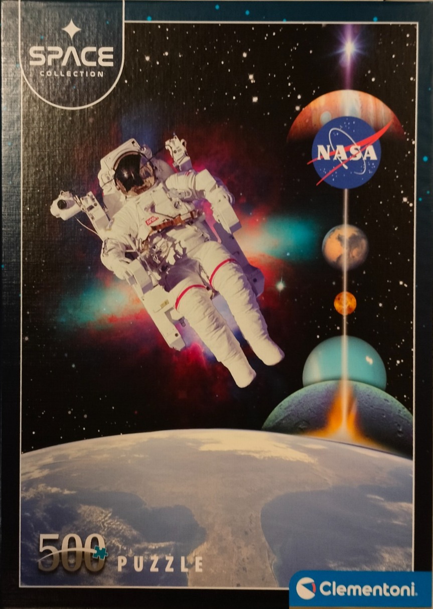 An astronaut floating in space above Earth with a vertical alignment of planets and the NASA logo.