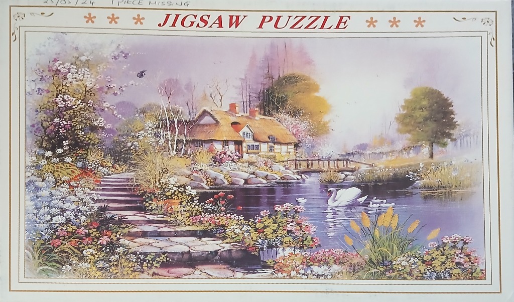 A peaceful cottage scene with a stone path, flower garden, and a swan on a pond.