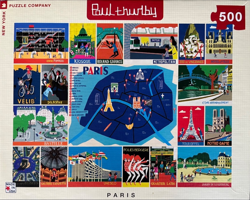 An illustrated map of Paris surrounded by 20 distinct vignettes depicting famous Parisian landmarks and cultural scenes.