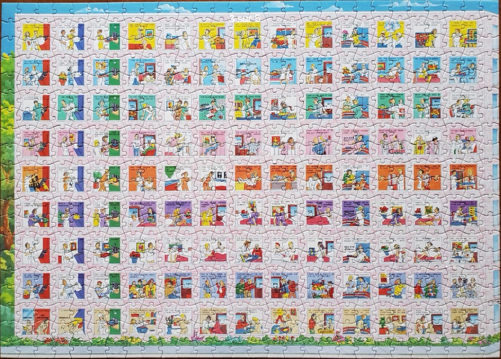 Comic strip with scenes of hospital visits, patients, doctors, and nurses.
