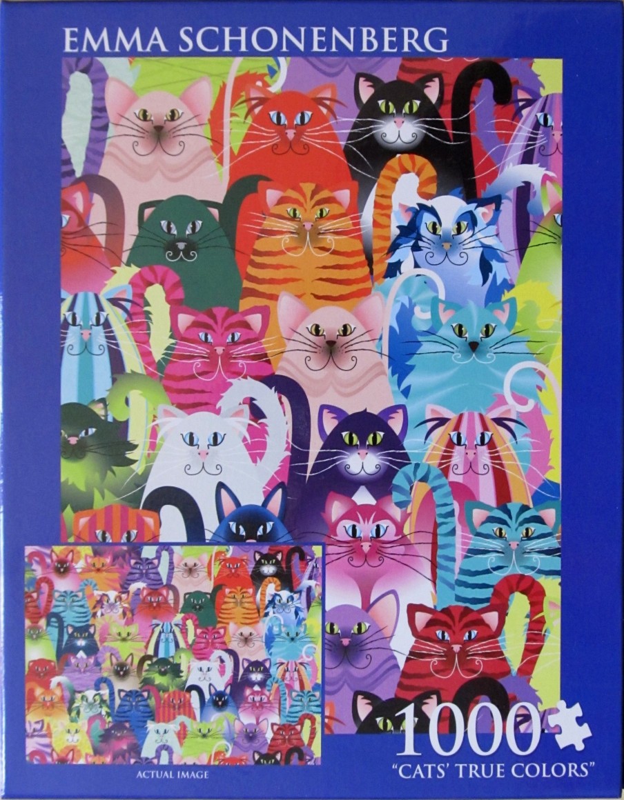 A whimsical illustration of many colorful cats crowded together in a dense pattern.