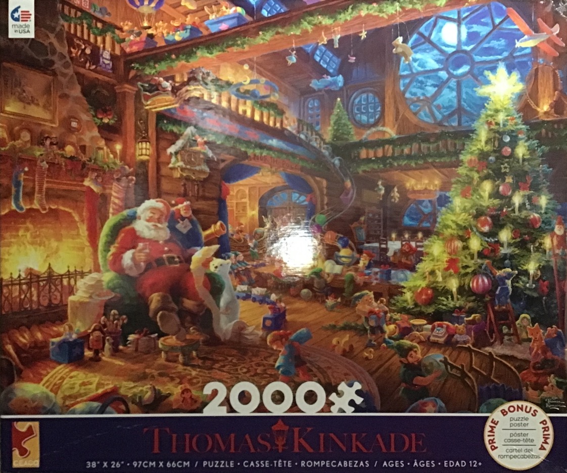 A cozy, illustrated North Pole workshop scene with Santa sitting by a fireplace and elves working around a large tree.