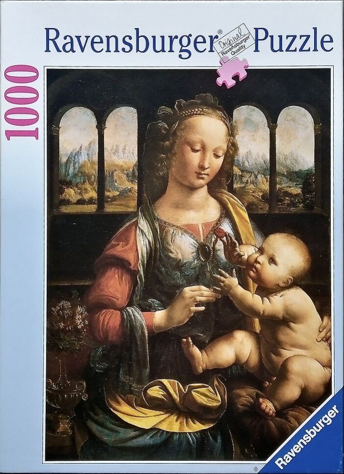 A Renaissance oil painting of the Madonna and Child, with the mother holding a carnation toward the infant.