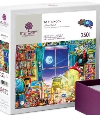 A whimsical illustration of a cluttered room filled with space-themed memorabilia and a view of a moonlit night.