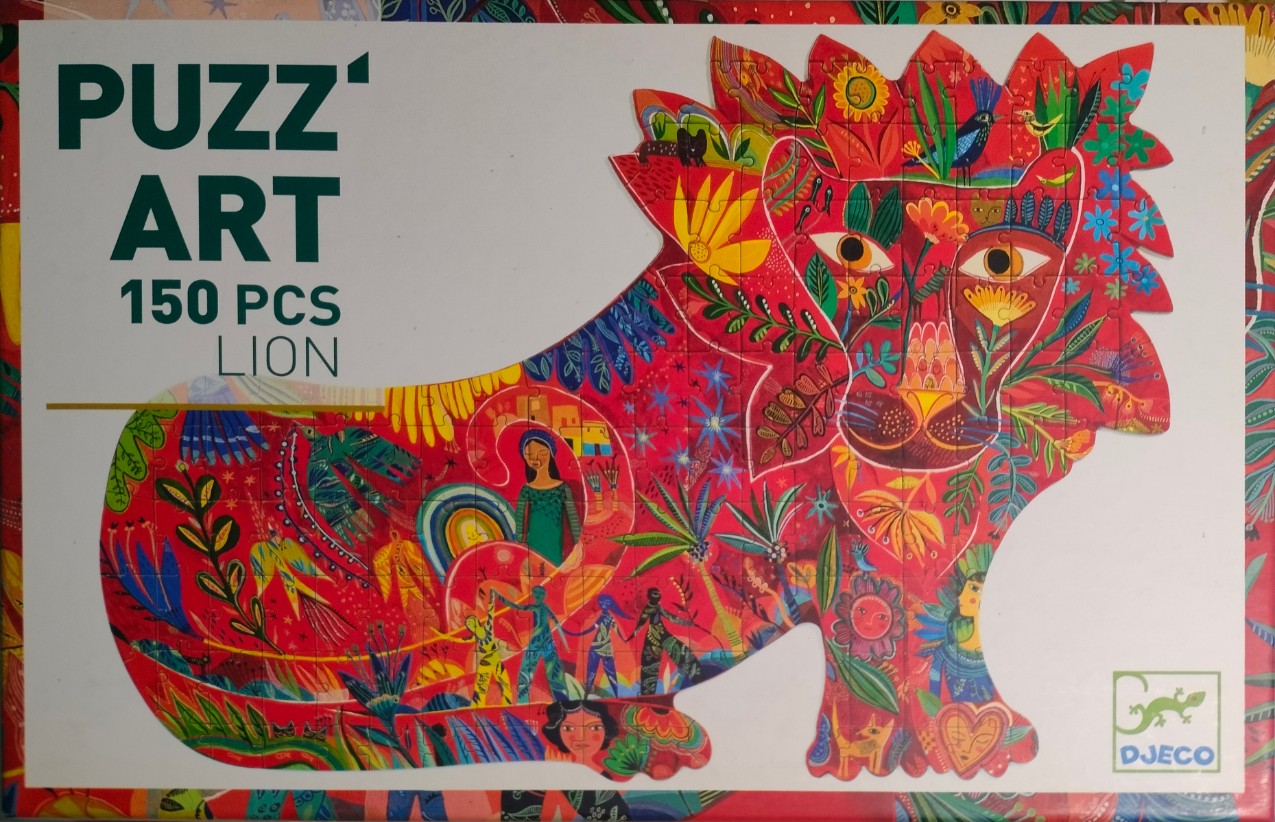 Illustration of a stylized lion filled with vibrant patterns, flora, and human figures in a folk-art style.