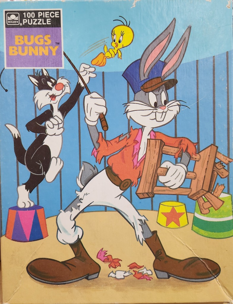 Illustration of Bugs Bunny and Sylvester the Cat in a circus ring with Tweety Bird