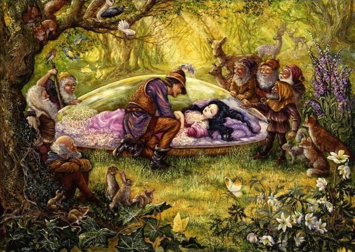 A prince kneeling by a sleeping princess in a glass coffin surrounded by seven dwarfs and woodland animals in a forest.