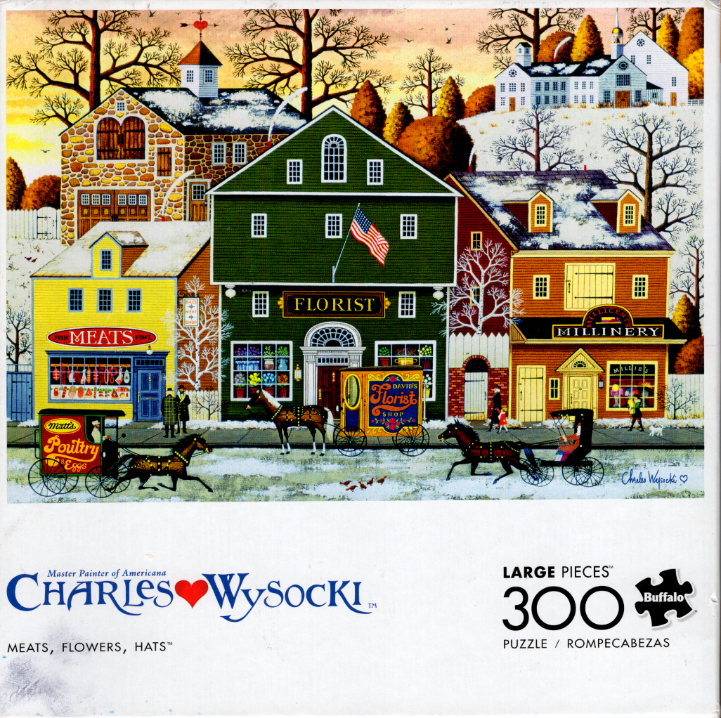 A charming folk art painting of a small town street in winter with horse-drawn carriages and various shops.