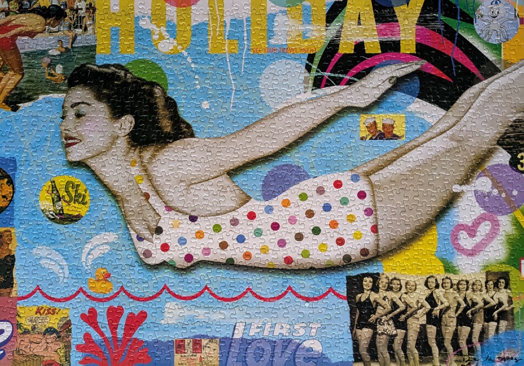 A vintage collage featuring a central woman diving in a polka-dot swimsuit surrounded by retro advertisements and graphics.