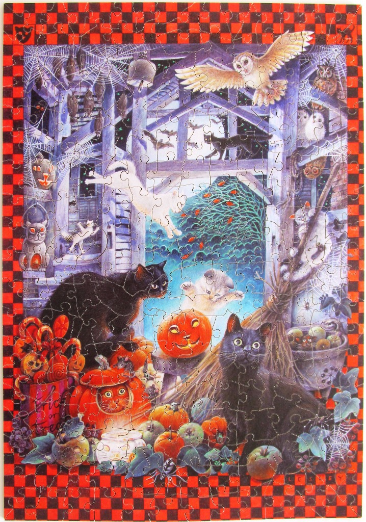 Halloween-themed illustration featuring multiple cats, owls, and pumpkins inside a spooky barn setting.