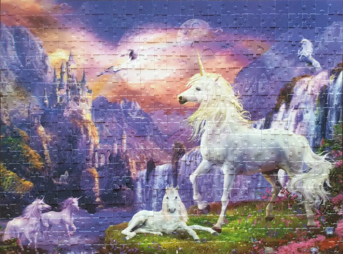 A group of white unicorns in a fantasy landscape with a castle, waterfall, and a purple sunset sky.