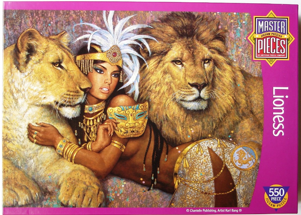 A woman wearing a feathered headdress and ornate jewelry reclines between a lion and a lioness in an artistic painting.