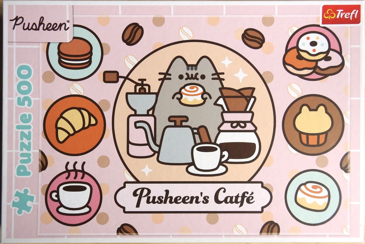 A cartoon illustration of a grey cat making coffee and eating a cinnamon roll, surrounded by circular food icons.