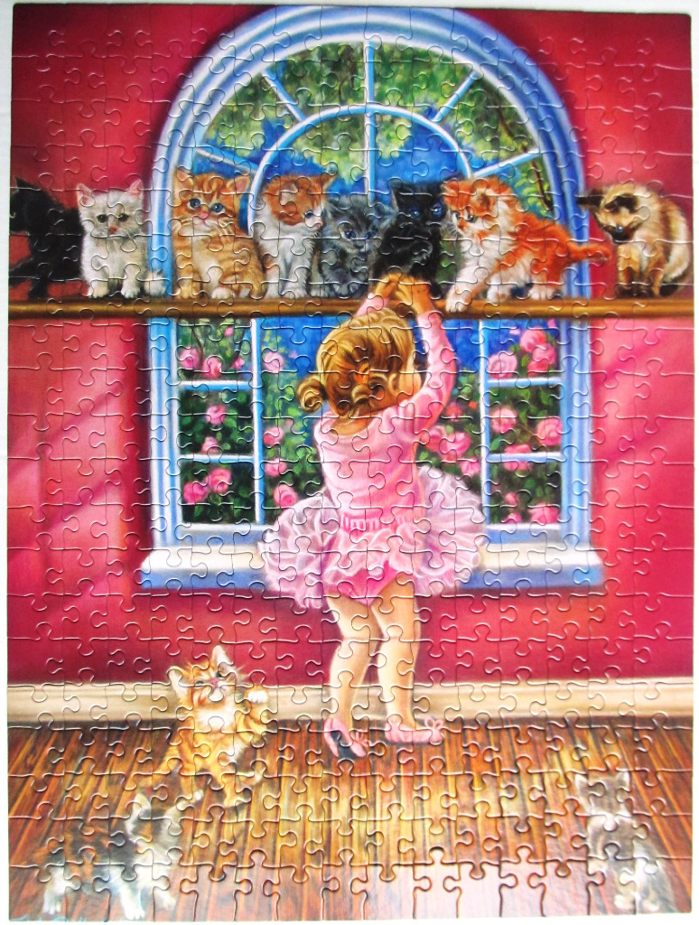 A young girl in a pink tutu playing with kittens lined up on a windowsill.