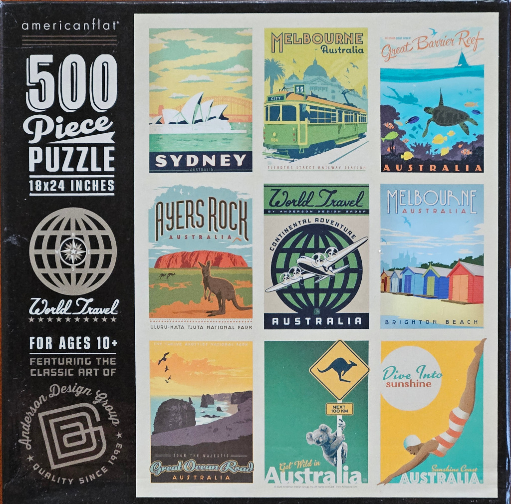 A grid of nine vintage-style travel posters showcasing various Australian landmarks and icons.