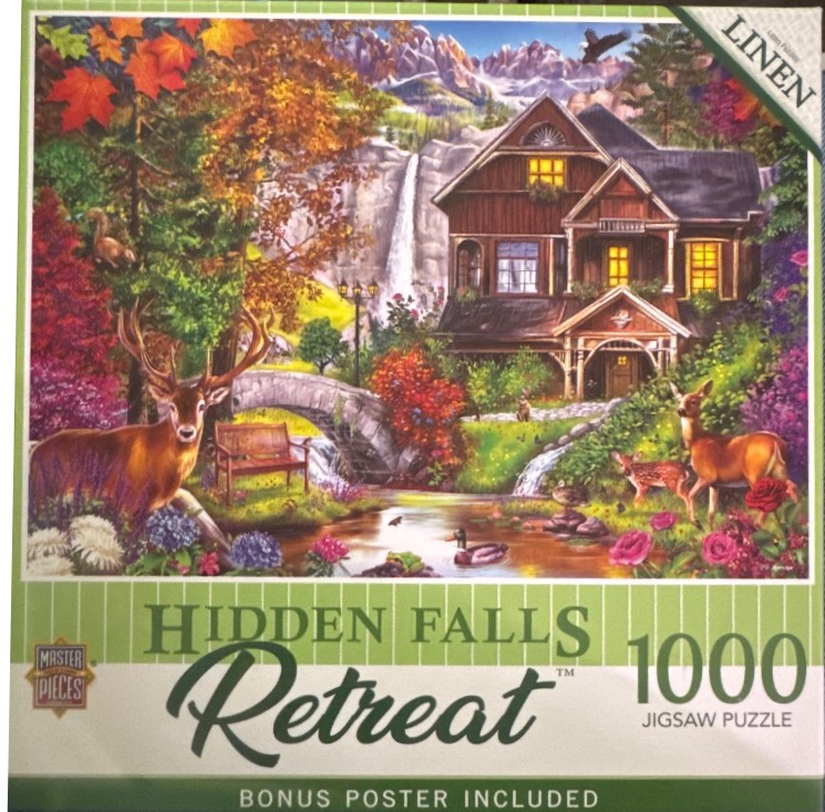 A cozy wooden lodge by a waterfall and stream, surrounded by autumn foliage and wildlife.