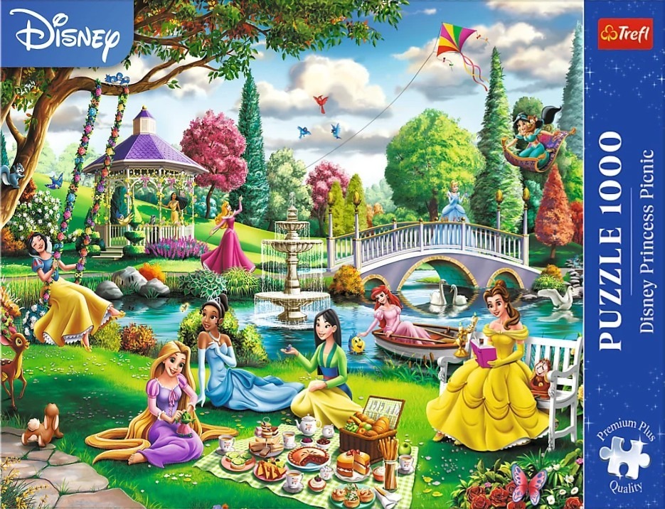 Multiple Disney princesses enjoying a picnic and garden setting with a gazebo, fountain, and bridge.