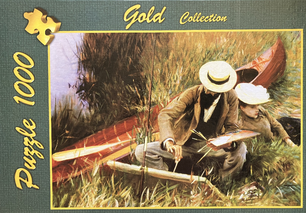 Impressionist oil painting of a man and woman resting by a canoe in tall grass.
