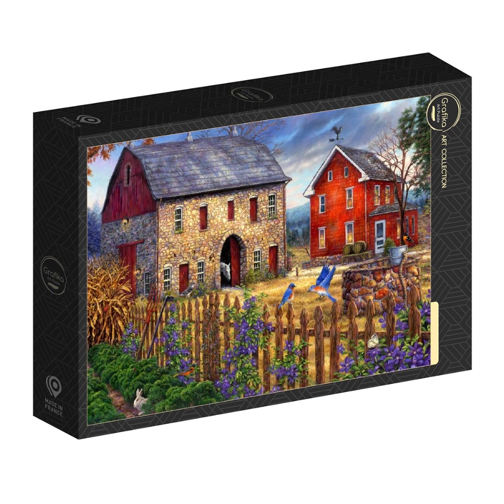 A countryside scene featuring a stone barn, a red house, and a garden with blue birds and a rabbit.