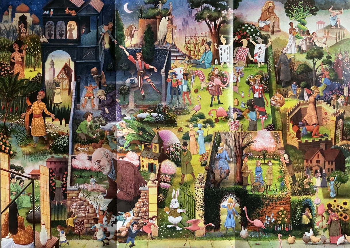 A dense, whimsical montage of literary and folkloric scenes featuring Alice in Wonderland, historical figures, and nature.