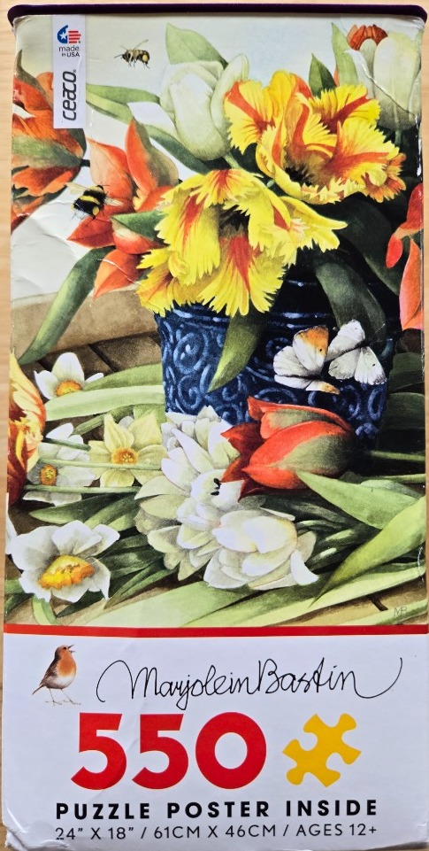A watercolor illustration of tulips and daffodils in a blue ceramic vase with bees and butterflies.