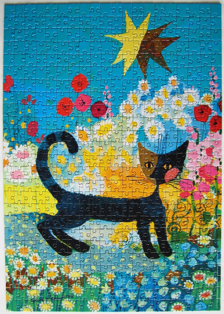An illustration of a black cat with a split-coloured face standing in a vibrant field of daisies and poppies.