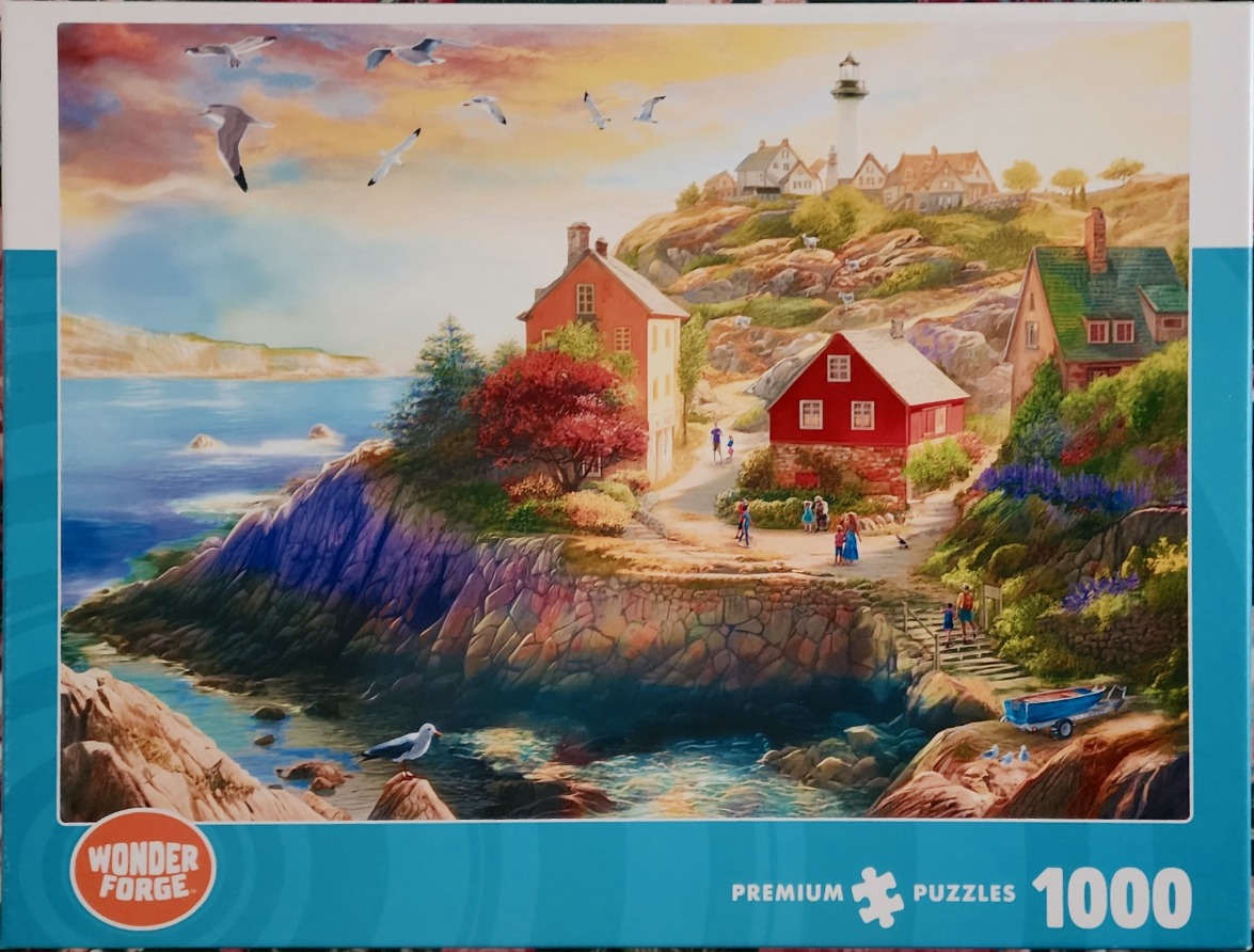 A nostalgic coastal village scene featuring a lighthouse, red houses, and people walking on a rocky shore at sunset.