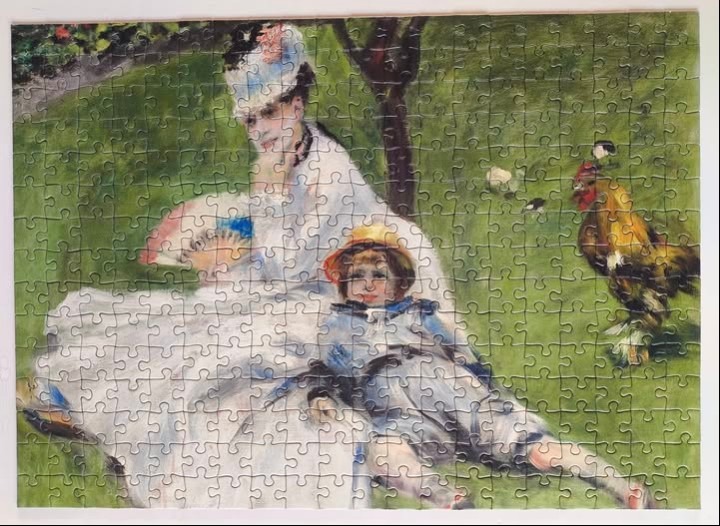 Impressionist painting of a woman and child sitting on a lawn near a rooster.