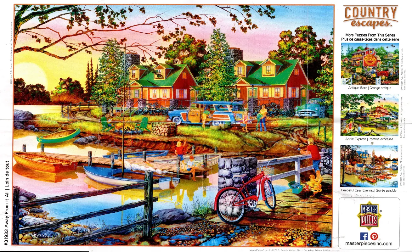A peaceful lakeside scene with cabins, a wooden pier, and a family enjoying a sunset by the water.