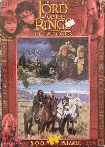 Promotional artwork from The Lord of the Rings: The Two Towers featuring character portraits and scenes from the film.
