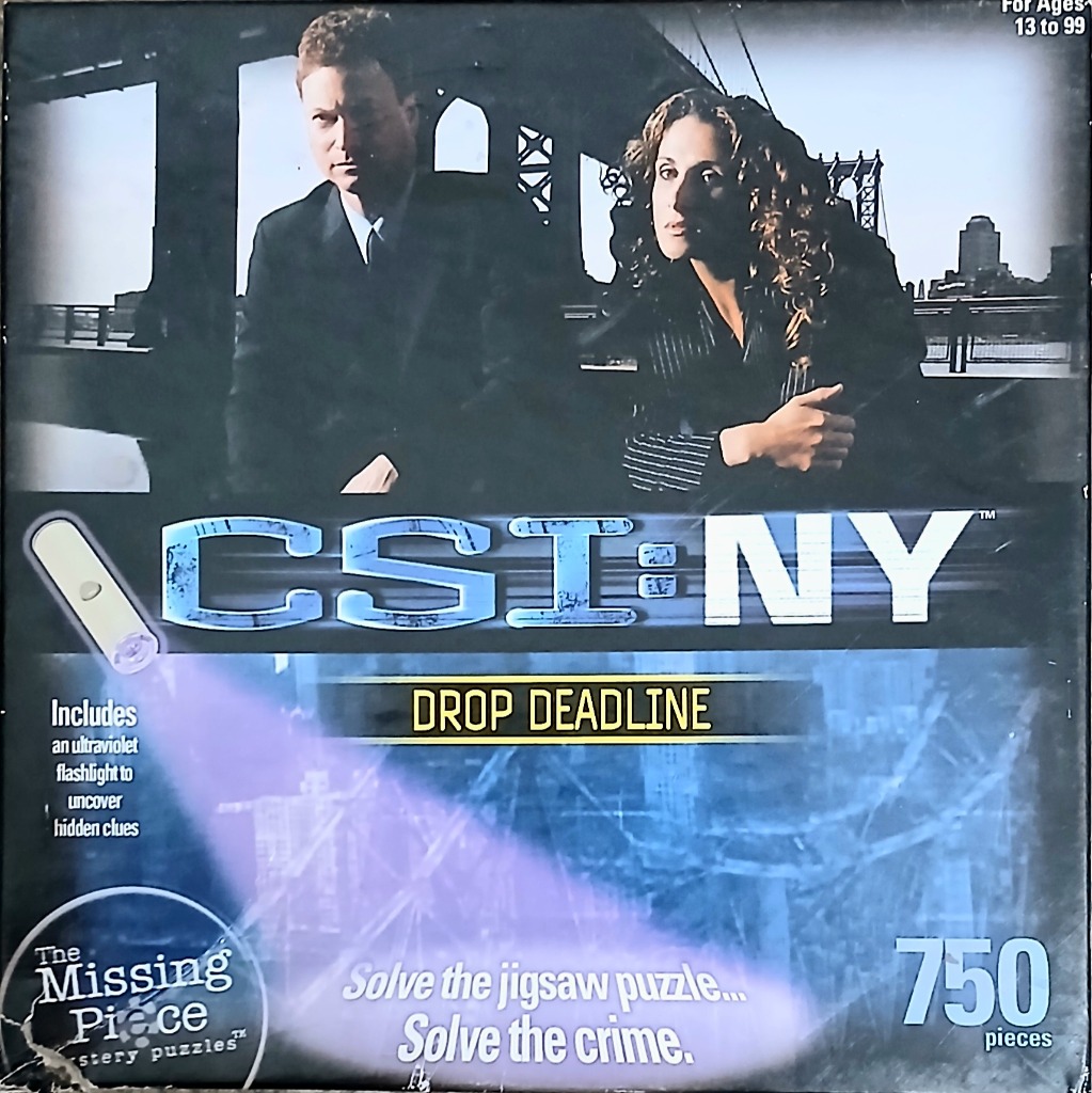 Two detectives standing against a New York bridge background under a spotlight beam.