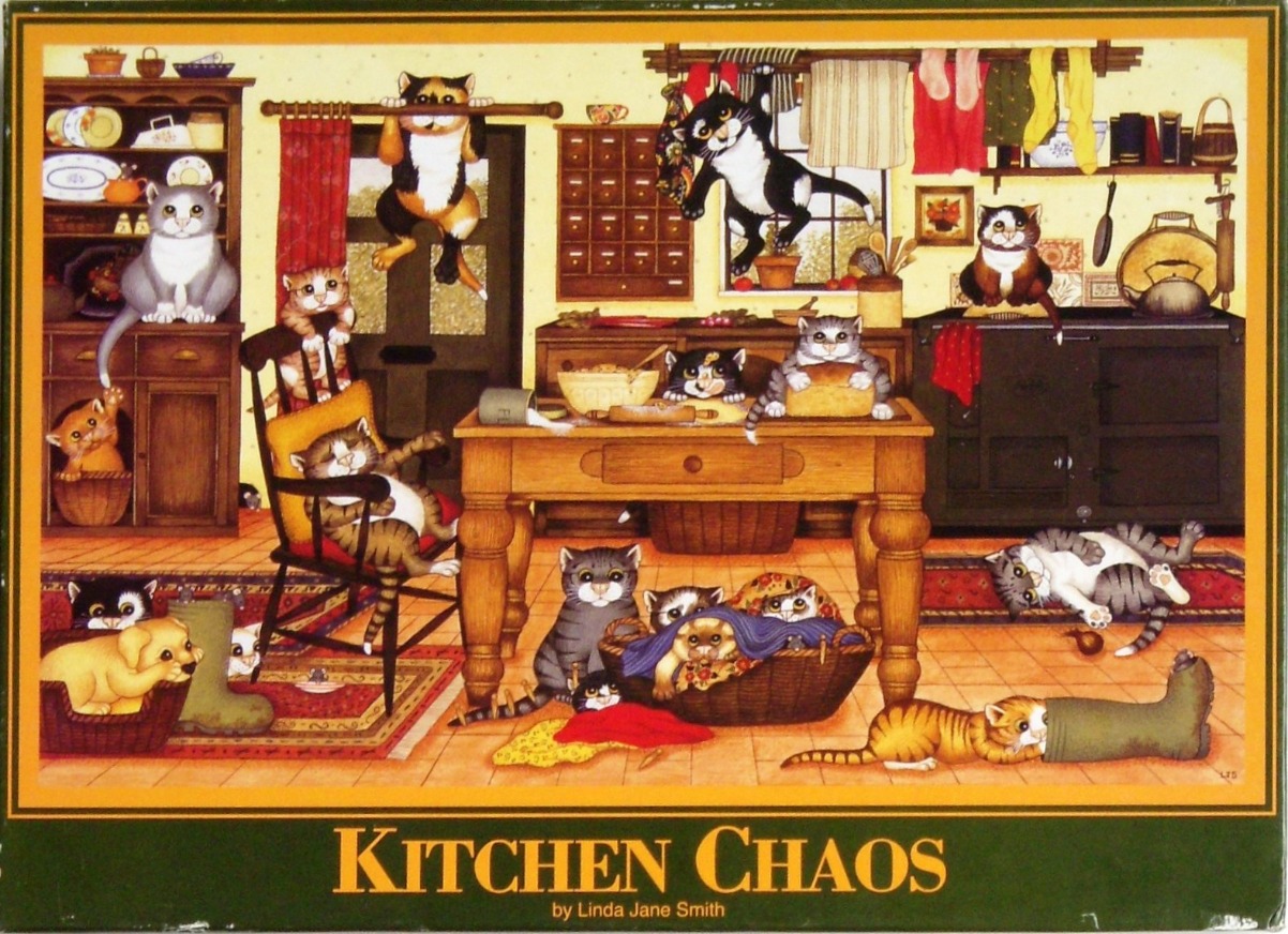 An illustration of a chaotic kitchen filled with many playful cats and a small puppy.