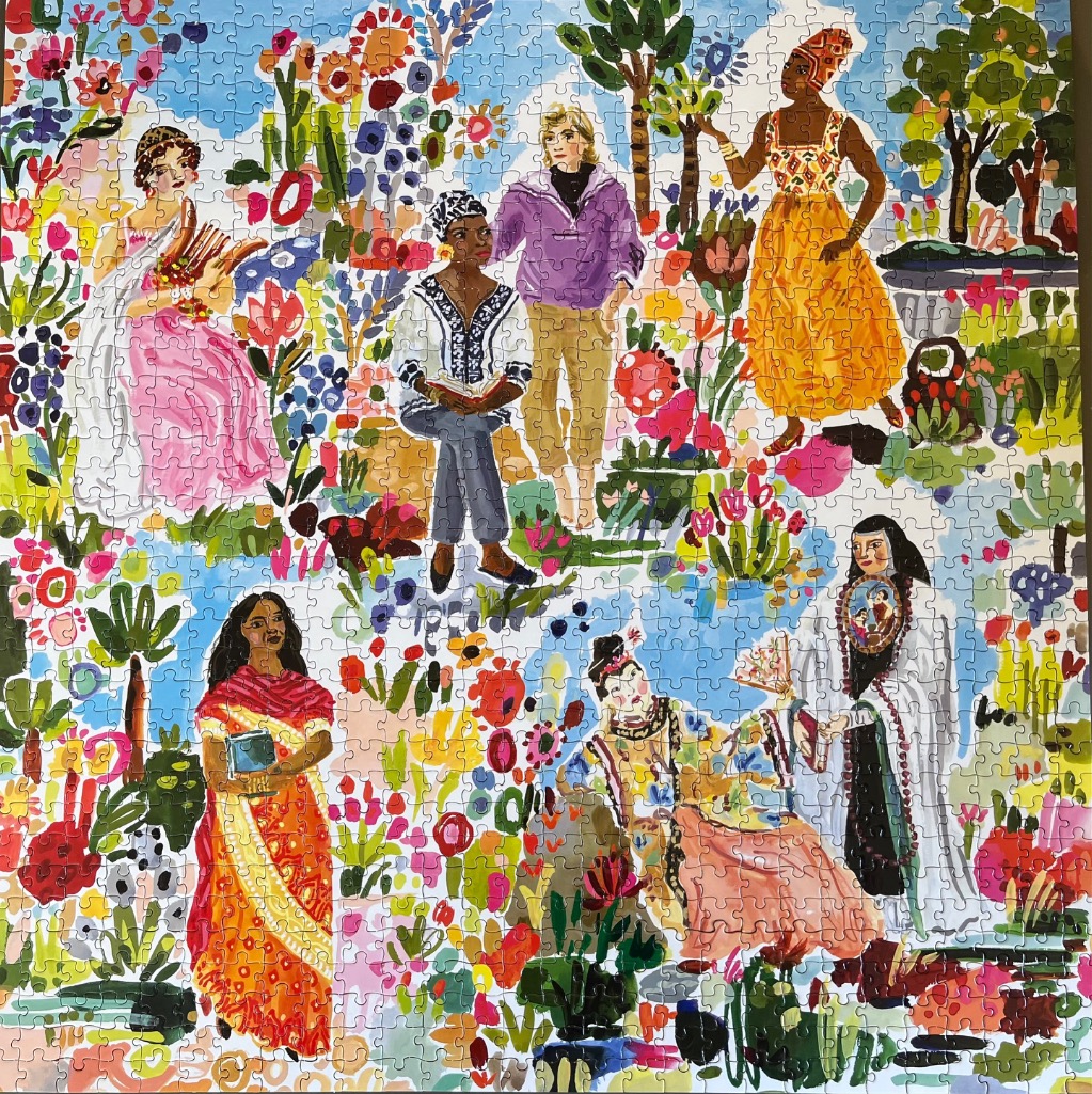 Illustration of several diverse women in an vibrant, abstract garden setting.