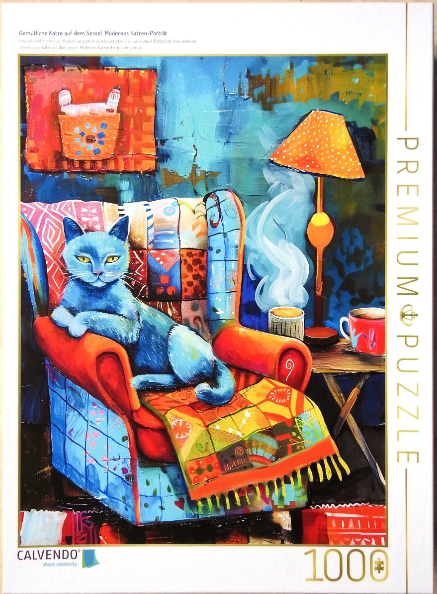 An expressionist painting of a blue cat lounging on a patchwork armchair beside a warm lamp and a mug.