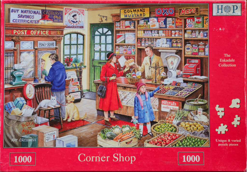 A detailed illustration of a 1950s-era corner shop with a post office counter and a variety of grocery items.