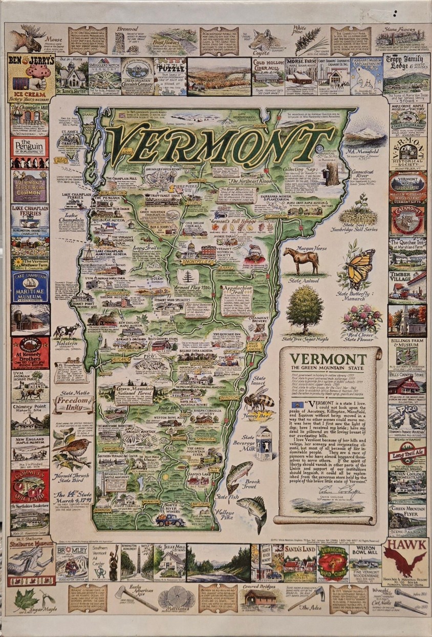 An illustrated map of Vermont surrounded by vignettes of local landmarks and natural symbols.