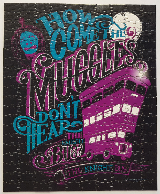 Graphic poster art featuring a purple triple-decker Knight Bus and the quote How Come The Muggles Don't Hear The Knight Bus?