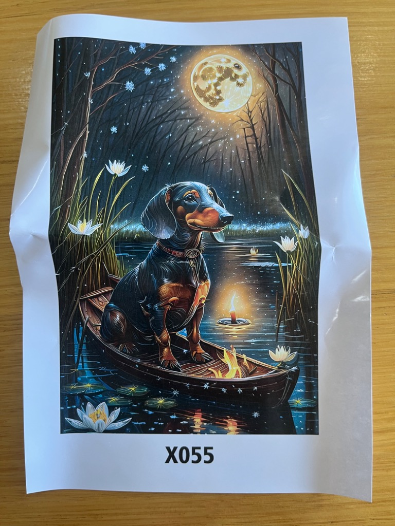A black and tan dachshund sits in a small wooden boat on a dark, magical pond at night under a full moon.