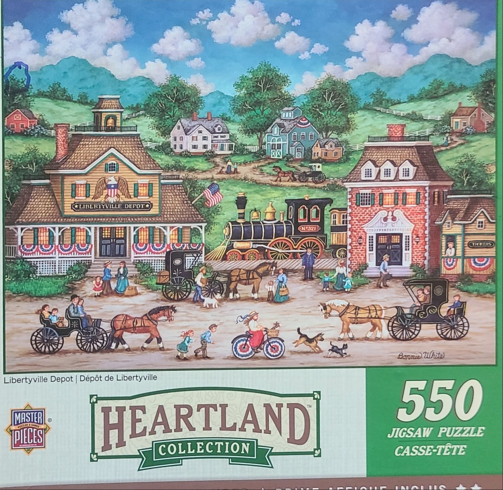 A folk art style illustration of a small 19th-century train station town scene with carriages, a locomotive, and people.