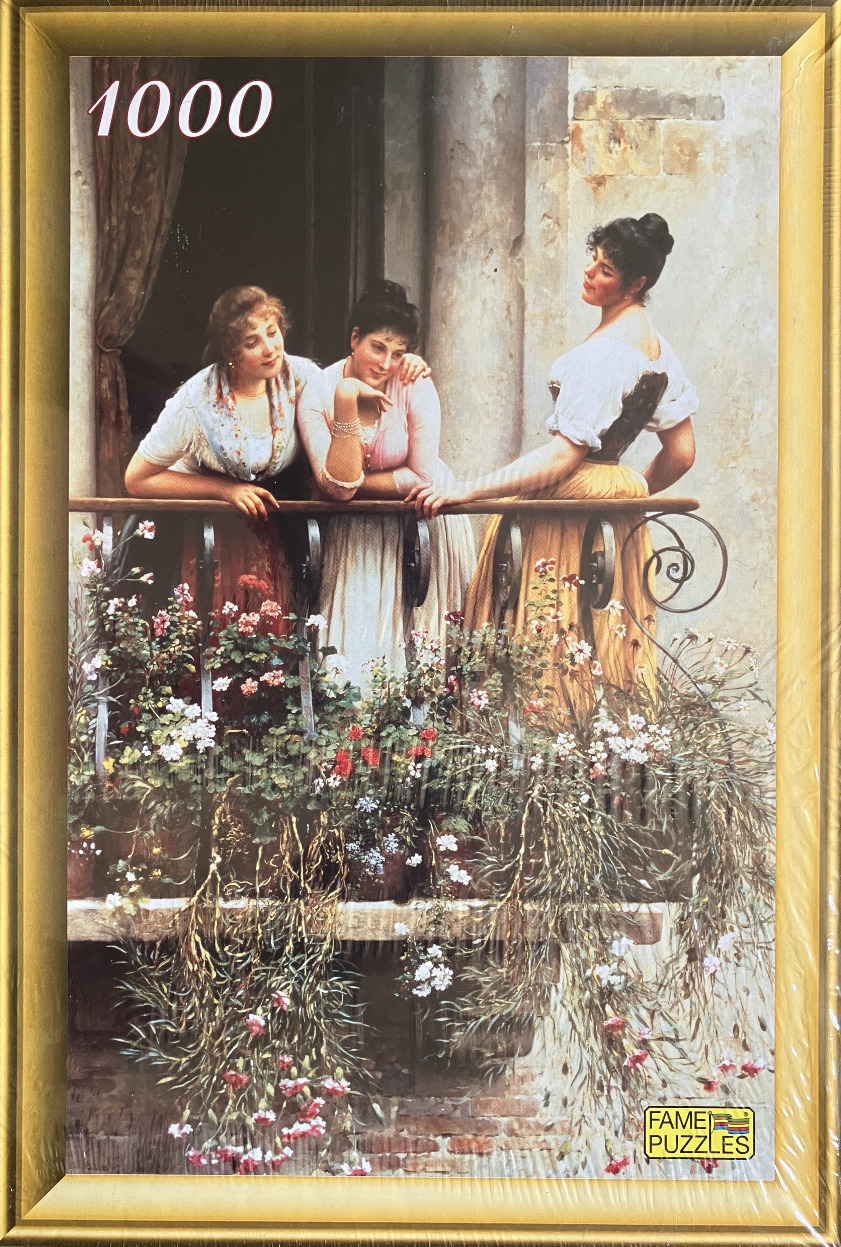 Three women leaning on a flower-filled balcony, oil painting style.