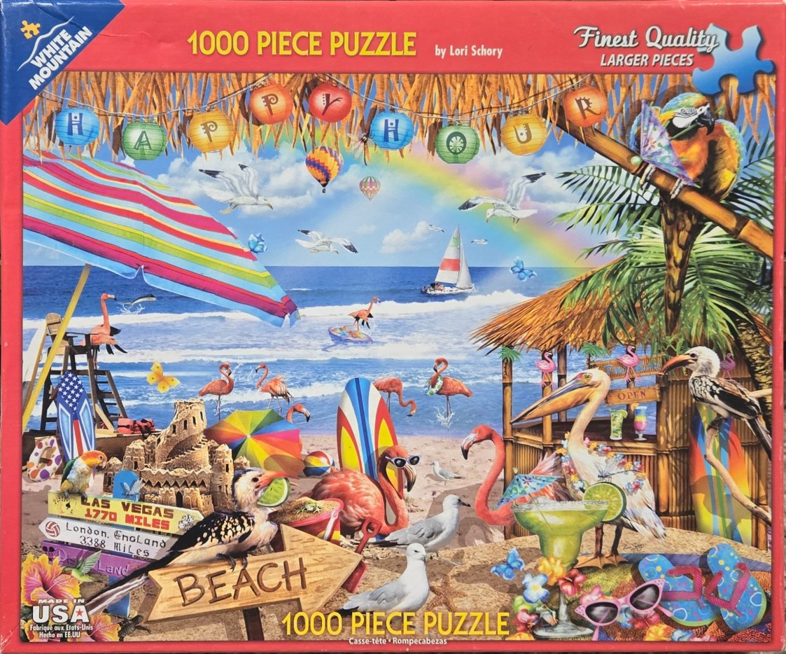 A vibrant, whimsical beach collage scene with flamingos, tropical birds, surfboards, and a tiki bar under a rainbow.