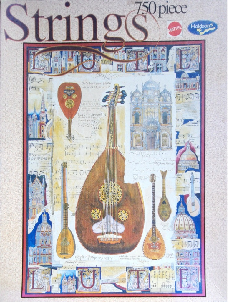 Collage-style illustration of various lutes, musical notation, and European architectural landmarks.