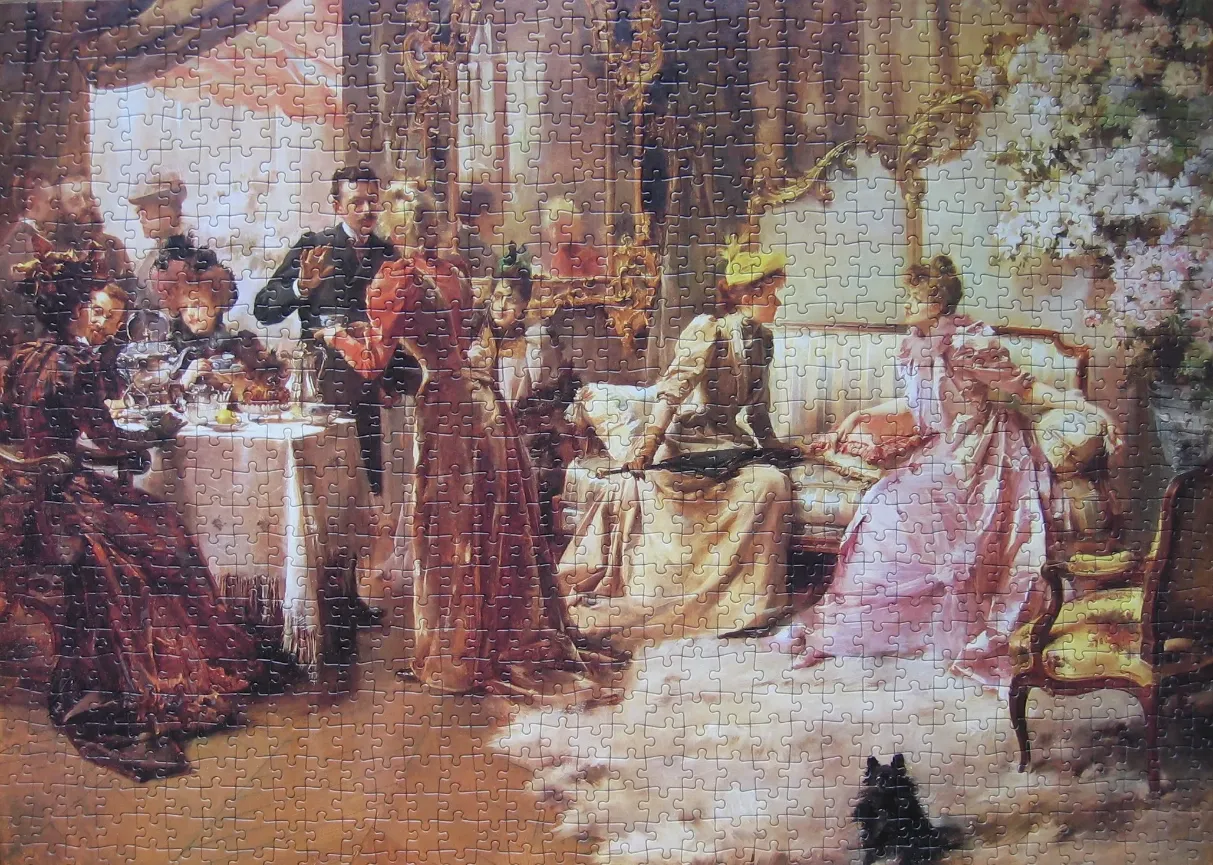 A Victorian parlor scene with elegant figures gathered for tea and conversation.